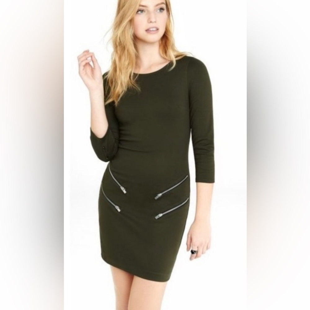 Olive Green Women's Dress with Zipper Accents